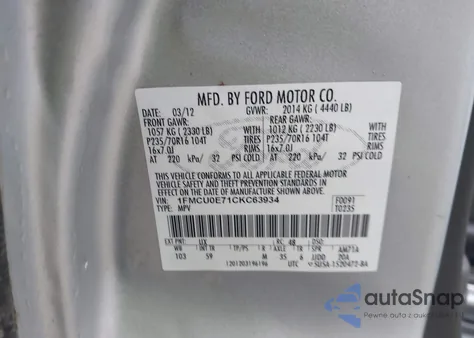 2012 Ford Escape Limited z USA, uszkodzony, nr VIN 1FMCU0E71CKC63934